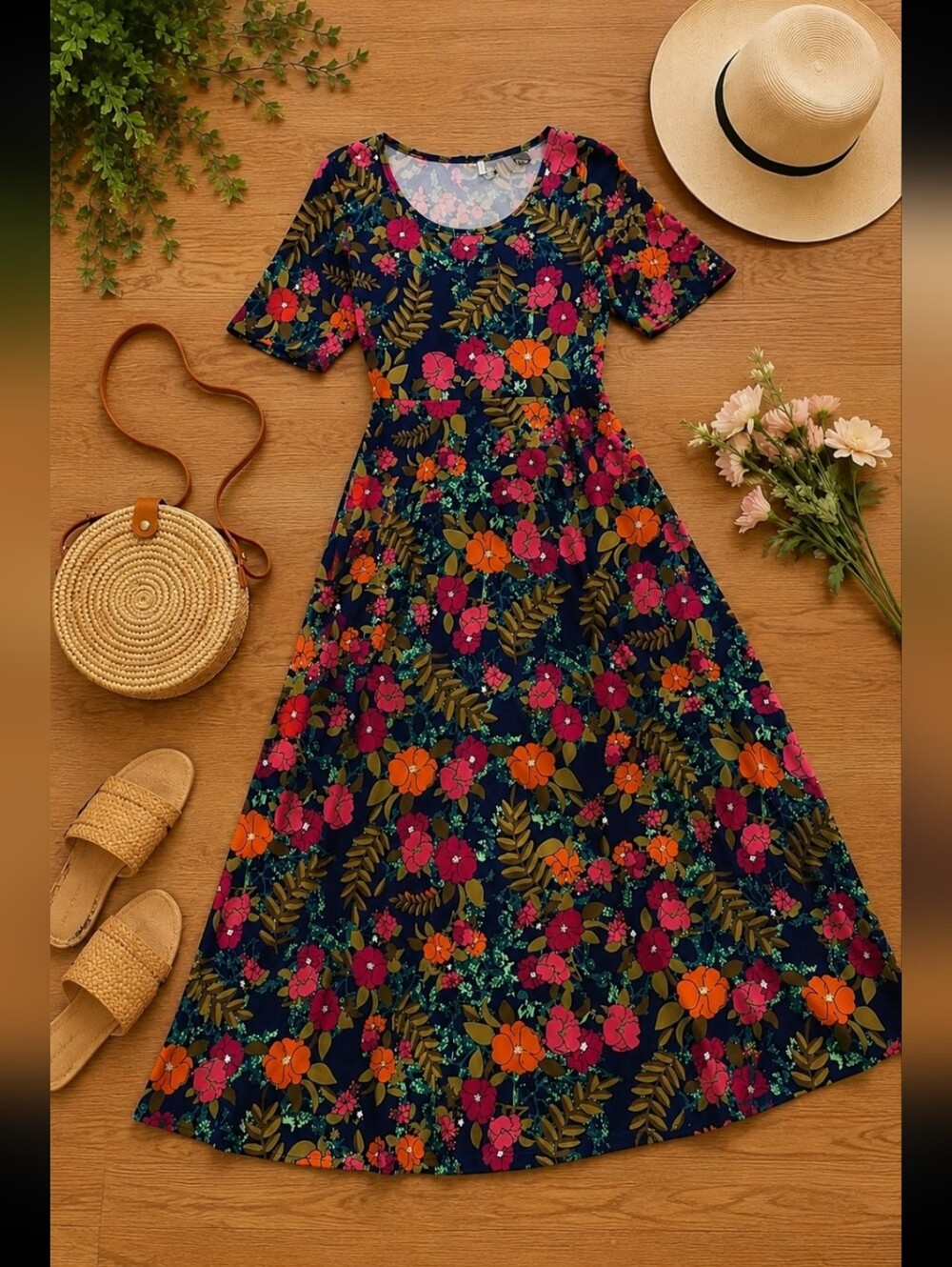 LulaRoe Simply Comfortable Long Maxi Dress Blue Neon Floral Hawaiian
